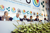 Curitiba,20-03-06 - o governador Roberto Requi�o  na abertura da COP8.  Da esq. para a dir.: o secret�rio executivo do CBD Ahmed Djoghlaf, o governador Roberto Requi�o, o presidente do COP8 sr Ramatha ,da Mal�sia, a ministra do Meio Ambiente Marina Silva e o prefeito de Curitiba Beto Richa . Momento da homenagem das Na��es Ind�genas ao COP8. Foto Julio Covello-SECS